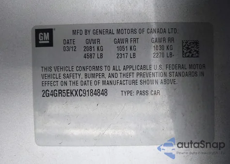 2012 Buick Regal z USA, uszkodzony, nr VIN 2G4GR5EKXC9184848